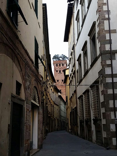 Der Torre Guinigi zeigt sich schon in den Gassen von Lucca.