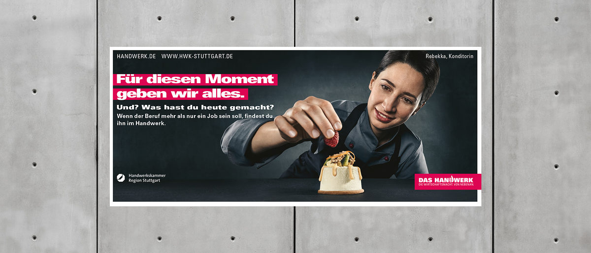 Für diesen Moment gibt sie alles: Konditorin Rebekka Omorac aus Freudental im Landkreis Ludwigsburg wirbt im September 2018 bundesweit auf Plakaten für ihr Handwerk. Für diesen Moment gibt sie alles: Konditorin Rebekka Omorac aus Freudental im Landkreis Ludwigsburg wirbt im September 2018 bundesweit auf Plakaten für ihr Handwerk.