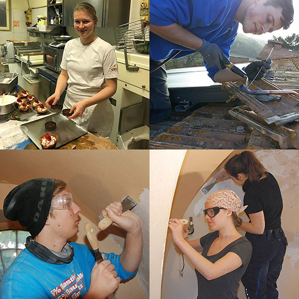 Die Erasmini Lena, Andreas, Valentin, Franziska und Jasmin bei der Arbeit in den italienischen Betrieben.