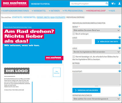 Im Werbemittelportal kann jedes Motiv individualisiert und mit einem Firmenlogo versehen werden. Unser Beispiel zeigt die Grafik für Zweiradmechatroniker.