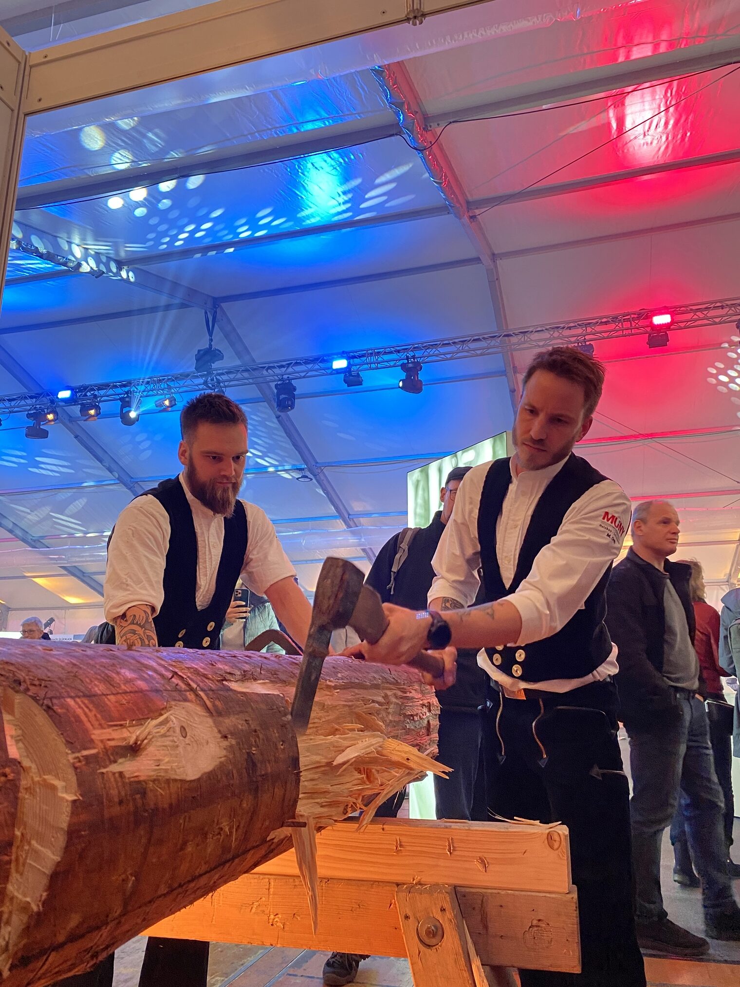 Am Stand der Muny Holzbau & Schreinerei GmbH aus Kornwestheim waren Kraft und Präzision mit dem Beil gefragt - kein Problem für diese beiden Zimmerer.