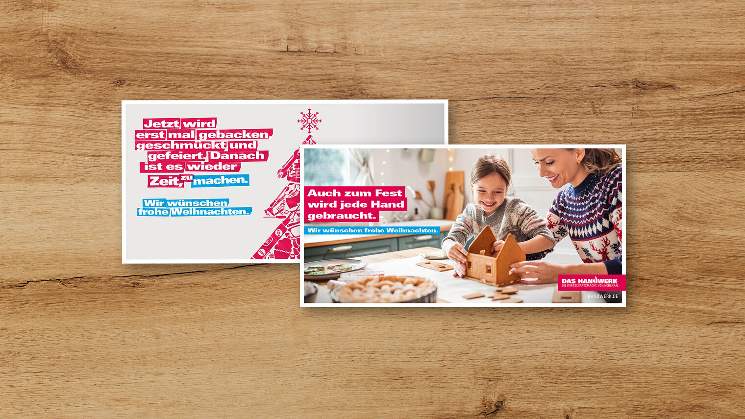 Diese beiden neuen Weihnachtskarten stehen für Handwerksbetriebe im Werbeportal bereit.